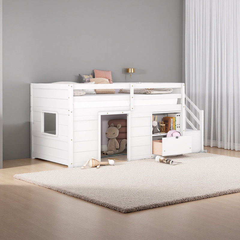 TWIN BED, SOLID WOOD TWIN SIZE LOW LOFT BED WITH STAIR, DRAWER, AND SHELF, White