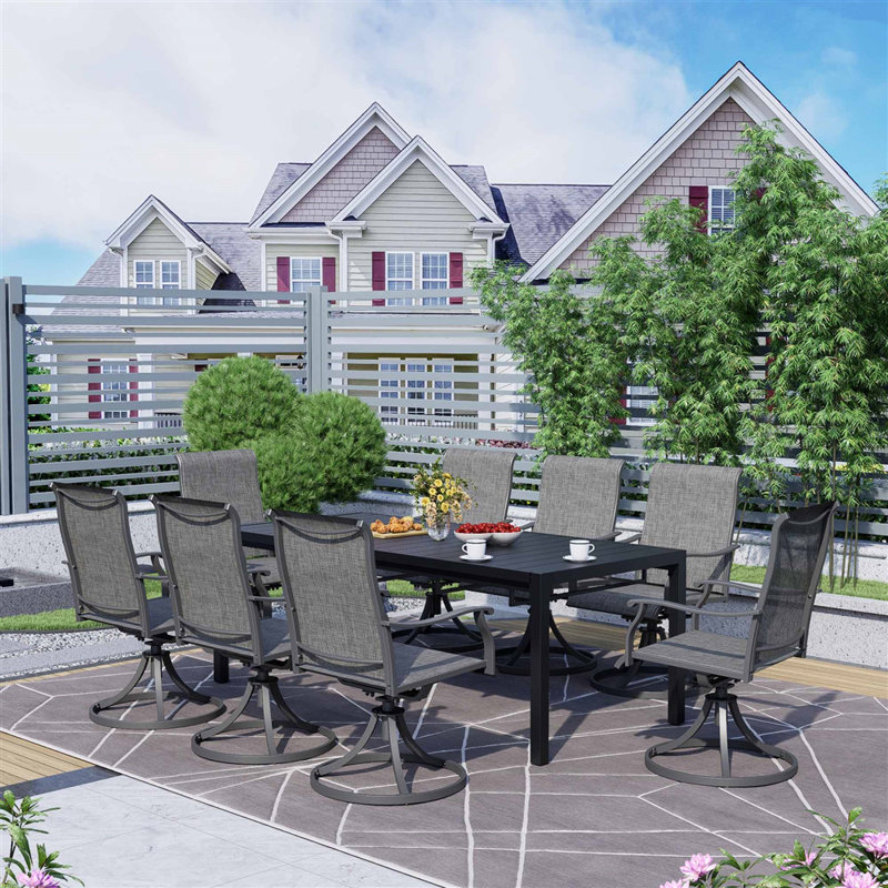 9-Piece Outdoor Dining Set for 9, 8 360° PVC-coated polyester Swivel Patio Chairs + 3-Mode Expandable 78.74” Table, All-Weather Patio Furniture for Backyard, Patio, Courtyard Gatherings