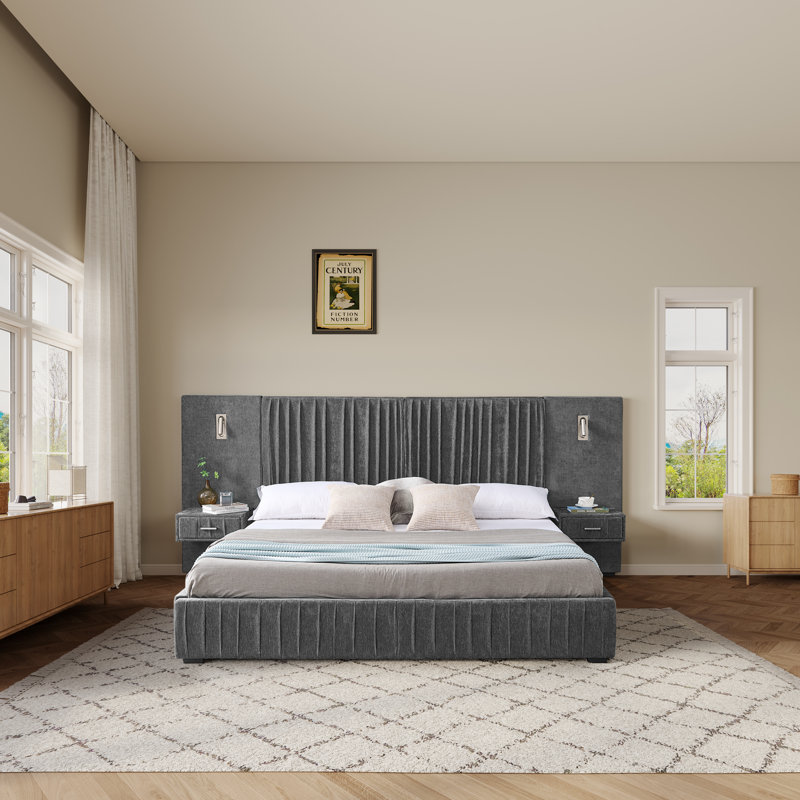 Lit plateforme tapissier avec tête de lit en chenille plissée, tables de chevet intégrées, lampes réglables et support à lattes stable - aucun sommier nécessaire