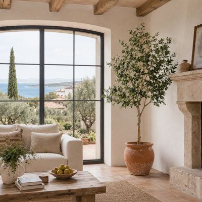 Olivier artificiel de 1,80 m, plante en pot en polyéthylène, tronc imitation bois réaliste et feuilles plus vraies que nature avec mousse, branches ajustables en acier inoxydable, protection antibasculement pour l'intérieur, l'extérieur et le bureau.