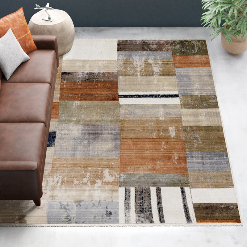 Ealey Geometric Patchwork Design Area Rug in Brown/Green/Cream, Rectangle 7'10" x 10'2"