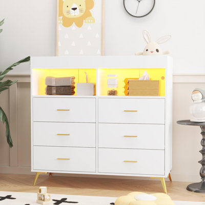 Dresser For Bedroom With LED Lights And Power Outlet, Baby Changing Table Dresser With 6 Drawers