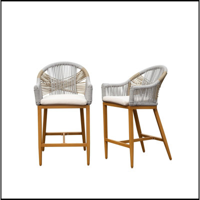 Ensemble de 2 tabourets de bar avec accoudoirs et dossier, chaises de bar à hauteur de comptoir d'extérieur avec coussin, tabourets de bar hauts en aluminium, tabourets de bar Boho modernes en polyester enduit de PVC pour le jardin, la piscine, le patio
