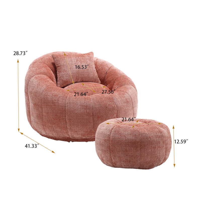 Cloud-Like Memory Foam Bean Bag Chair & Ottoman Set Soft Fabric Lounger with Pillow for Living Room/Playroom, Pink Chenille