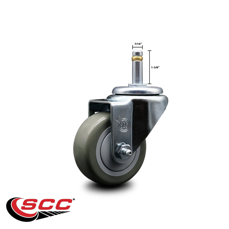 3 Inch Polyurethane Wheel Swivel 7/16 Inch Grip Ring Stem Caster SCC, gris