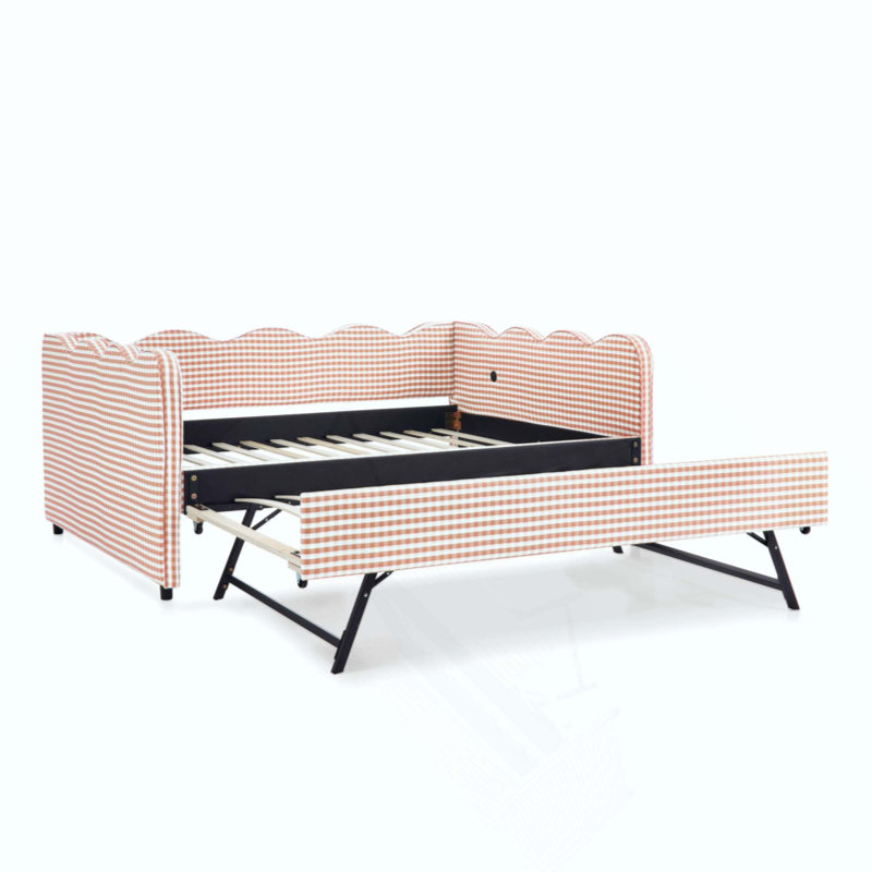 Lit de jour confortable à carreaux vichy avec lit gigogne (sans sommier), port USB et adorable tissu en lin à motif ondulé.