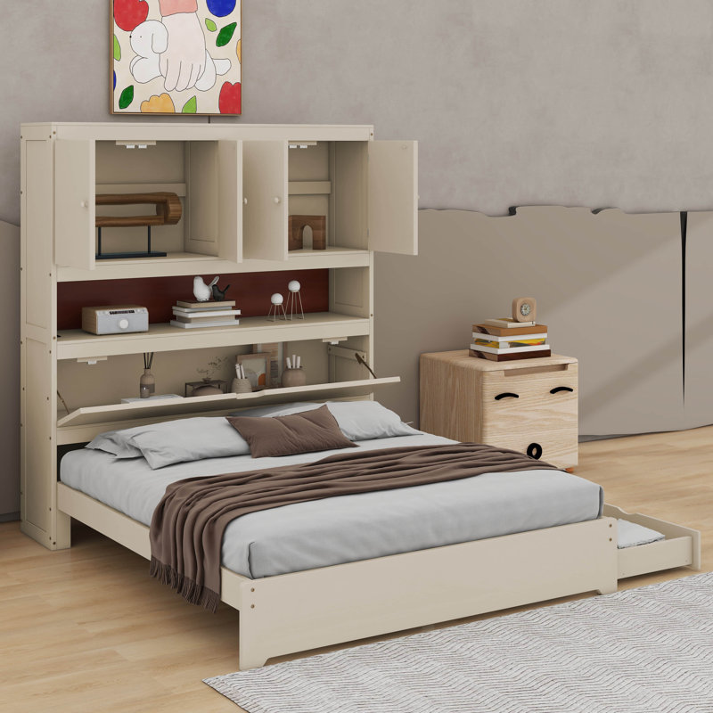 Lit plateforme double en bois avec USB, tête de lit et tiroirs de rangement, Crème, crème