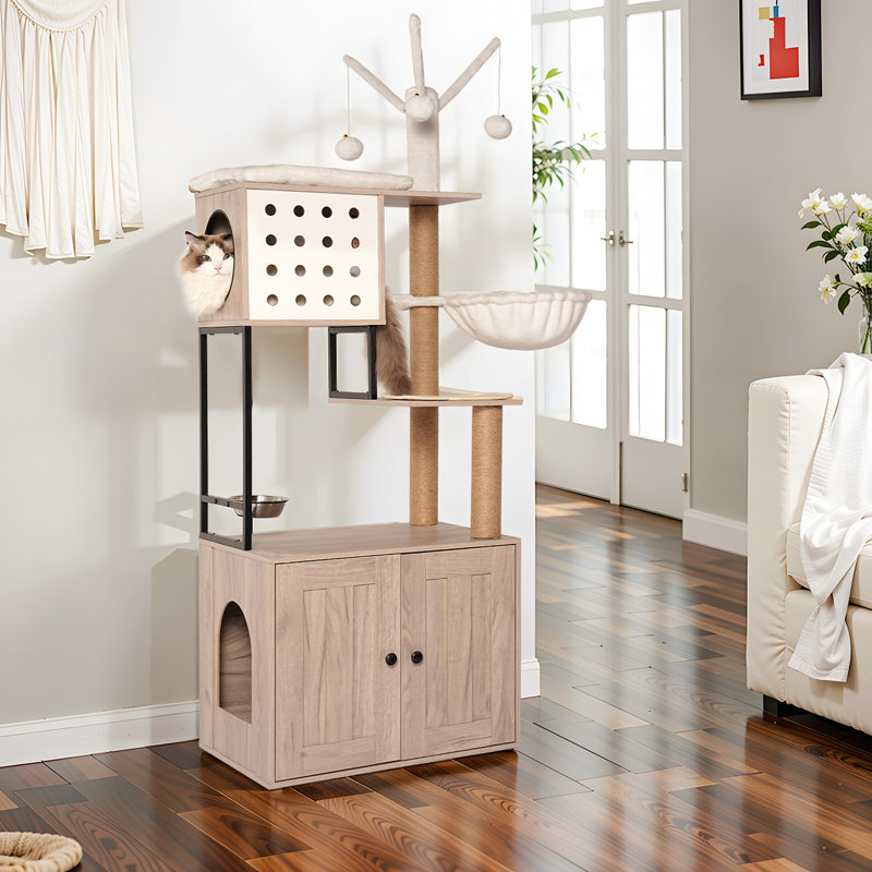 Arbre à chat avec bac à litière - maisonnette pour chat moderne avec poteaux à griffer, bol d'alimentation et bâtons de pompons amovibles, gris
