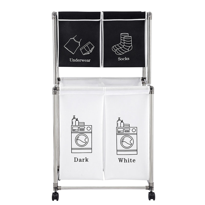 2 Tier Clothes Sorter, 4 Removable Canvas Bags, Four Wheels, Waterproof, Ideal For Separating Various Color Laundry And Dark