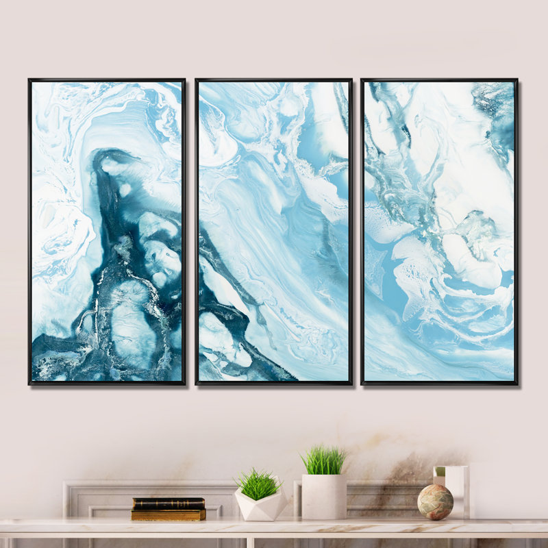 " Blue Wave Liquid Art " 3 - Pieces Painting Print, Black, 36" W x 28" H x 1" D