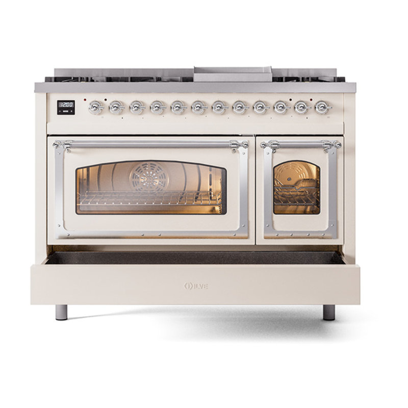 ILVE UN48FNMPEGG Nostalgie II Noblesse 48 inch Dual Fuel Range (8 Sealed Burners + Griddle, Triple Glass Door), Antique White