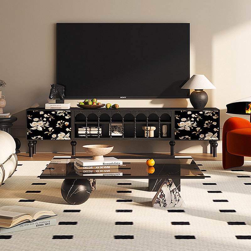 Meuble télé avec rangement peint français rétro, H 21,26 po x L 70,87 po x l 15,75 po, Noir