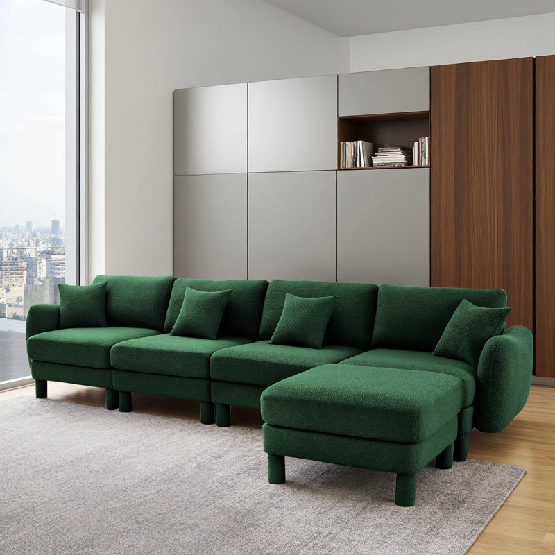 Boucle Fabric Convertible L Shape Sectional 4-Seater Sofa Couch With Distinctive Shell-Shaped Armrests And Removable Ottoman