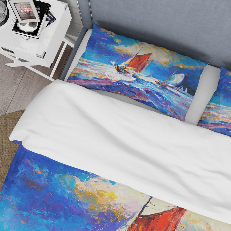 Voiliers sur les vagues de l'océan pendant le coucher du soleil - Ensemble de housse de couette nautique - Polyester en microfibre