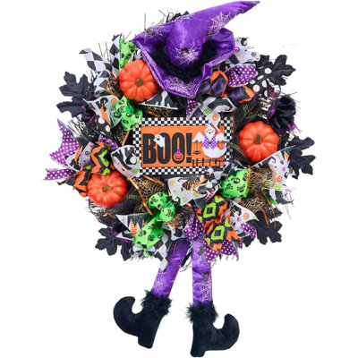Couronne d'Halloween pour la porte d'entrée, couronne en maille d'Halloween 20 pouces, couronne de sorcière avec pattes, décoration de porche d'Halloween amusante, décoration d'Halloween, Halloween fantaisiste, Halloween mauve vert orange