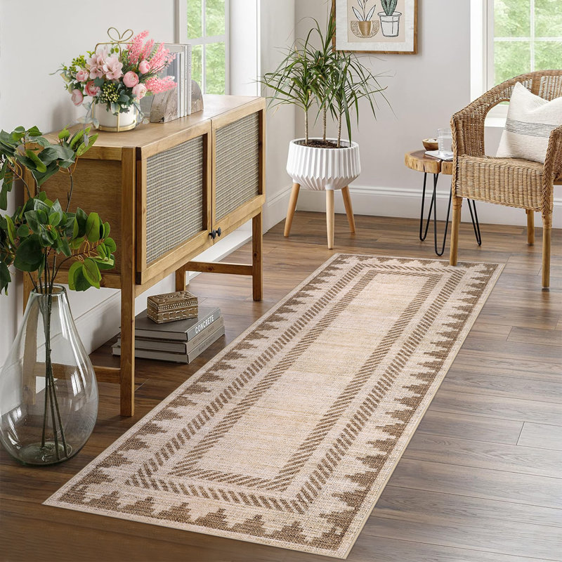 Tapis lavable Geometic Border, Brown, Tapis de couloir 2 pi x 6 pi