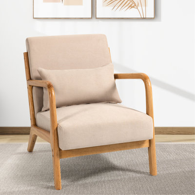 Chaise de loisirs Mid-Century moderne avec des caractéristiques en bois massif. 1 siège, rembourrage en éponge haute pour un confort exceptionnel. Tissu en lin respirant et invitant. Beige, 29,36 po Largeur X 23,18 Profondeur 29,7 Hauteur,