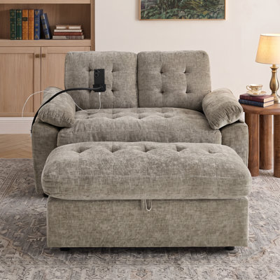 56" Recliner Sofa Chair with Adjustable Backrest, Chenille 2-Seater Couch with Footstool and USB for Living Room