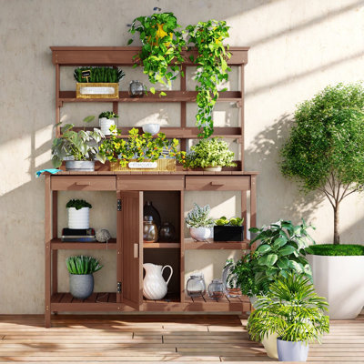 Large Outdoor Farmhouse Wooden Potting Bench Table With 2 Drawers, A Cabinet And Open Shelves