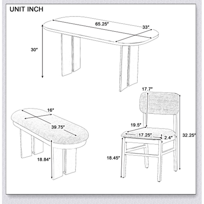Ensemble de table de salle à manger en bois massif avec banc - Ensemble de table de salle à manger rembourré 6 pièces