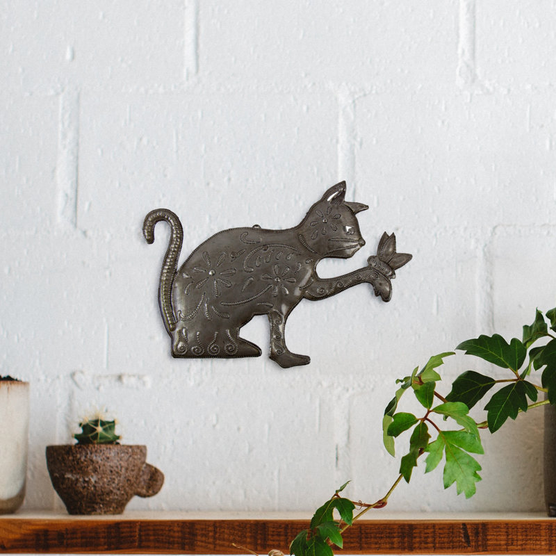 Figurine tambour en acier Playful Kitty and Butterfly