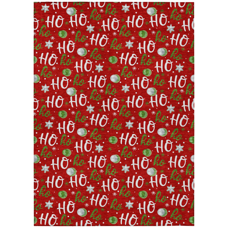 Machine Washable Indoor/Outdoor Snowflake Ho Ho Ho Xhevrie Red Rug