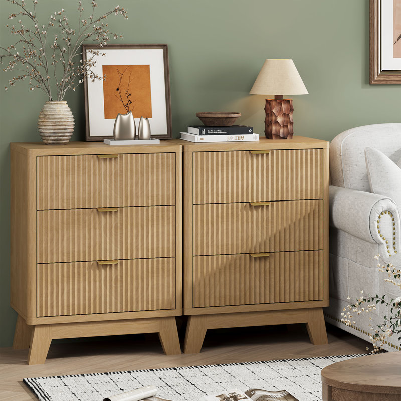3-Drawer Fluted Nightstand with Storage, 24" Wide Mid Century Modern Bedside Table, Wooden End Table with Metal Handles & Splayed Legs, Small Dresser for Bedroom, Living Room,