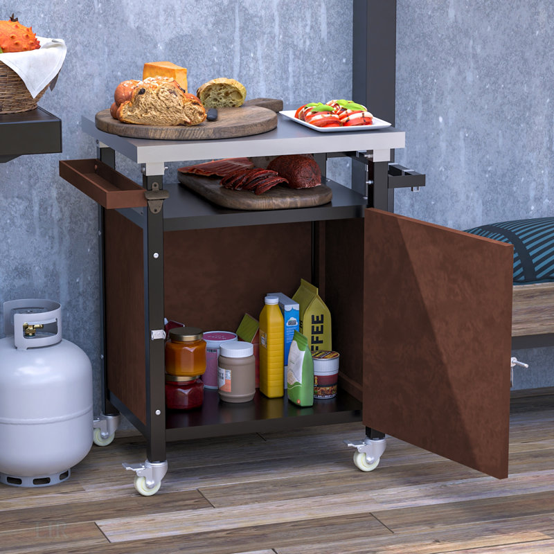 Outdoor Grill Cart With Stainless Steel Tabletop, Patio Kitchen Island With Wheels, Hooks, And Spice Rack, Waterproof Outdoor Grill Table, Kitchen Island