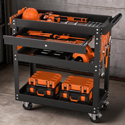 4-Tier Rolling Tool Cart, Heavy Duty Metal Tool Storage | Mechanic Tool Cart on Wheels with Drawer & Pegboards & Side Hooks
