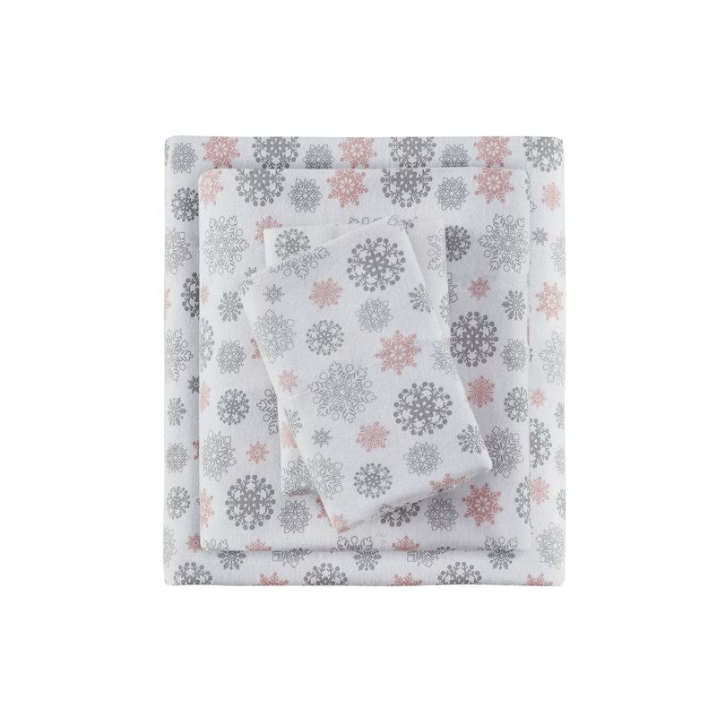 Ensemble de draps 100% coton Cozy, Flocons roses / gris, Ensemble de draps pour lit simple TG avec 1 taie d
