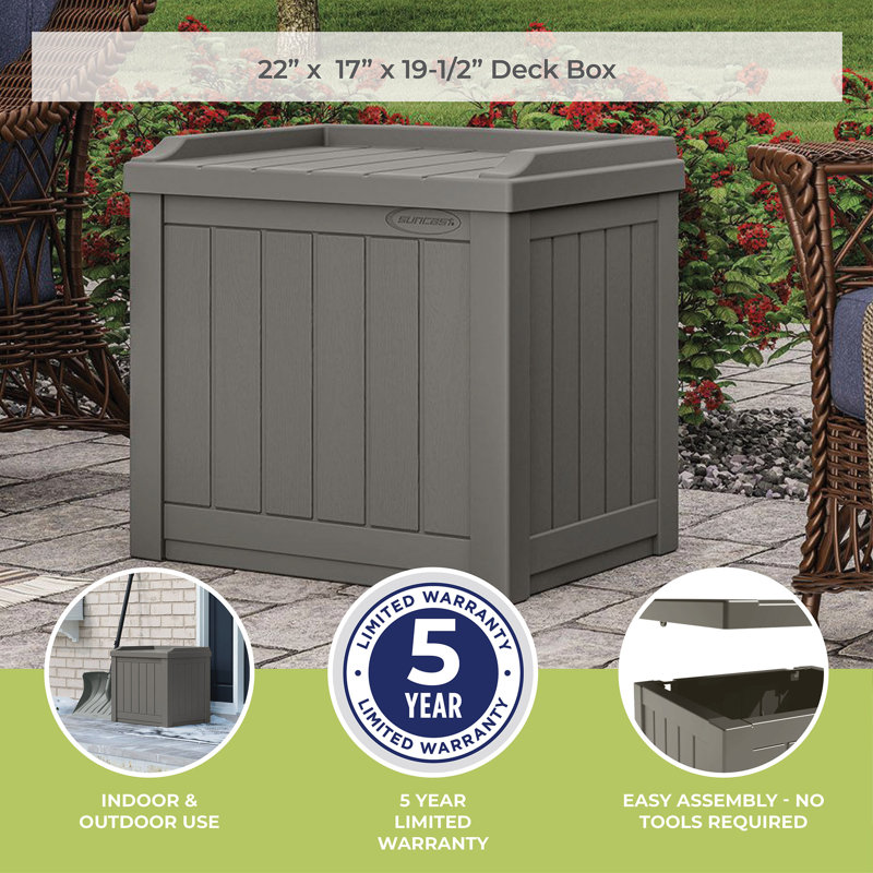 Suncast 22 Gallon Water Resistant Deck Box with Storage Seat, Stoney, 1