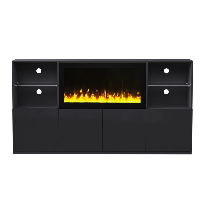 Meuble télé haute brillance avec foyer électrique non chauffant de 34,2 po, centre de divertissement moderne avec éclairage DEL, console multimédia avec tablettes en verre trempé pour téléviseur de 75 po ou moins, salon