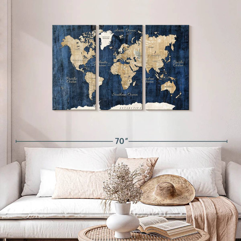 Carte du monde en bois texturé sur toile, ensemble de 3 pièces, H 28 po x l 45 po x P 1,25 po