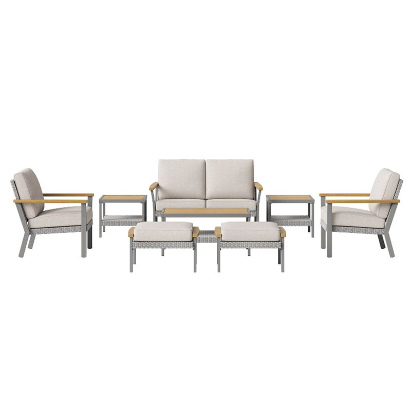 Ensemble de mobilier de jardin 8 pièces 1 table basse 2 petites tables basses 1 causeuse 2 chaises longues et 2 repose-pieds beige