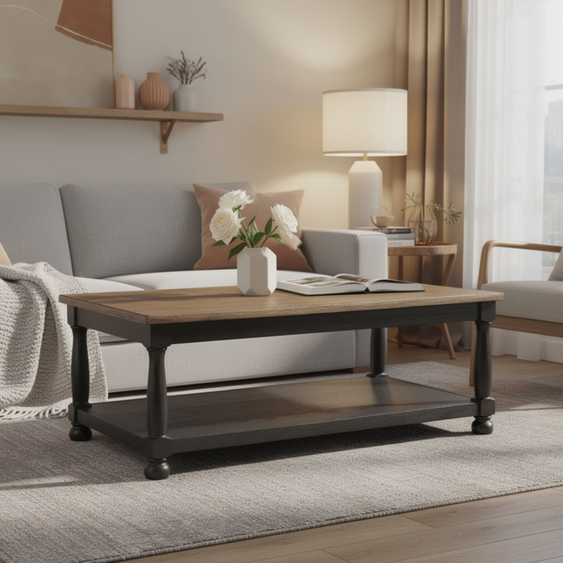 Table basse Ginie, 2 tons noir rustique, bois d'hévéa brun, 48 pouces