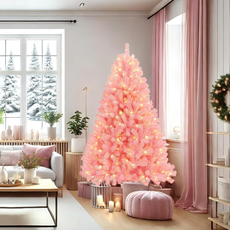 6FT Pre-Lit Pink Artificial Christmas Tree with Warm White Lights, Premium Hinged Spruce Xmas Tree with 800 Branch Tips and Foldable Metal Stand for Home, Office, Party
