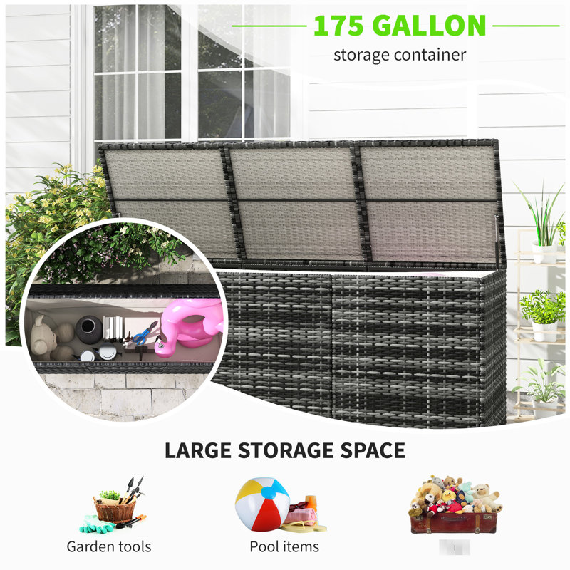 Boîte de rangement d'extérieur 175 gallons - PE avec doublure intérieure pour meubles de patio, gris piscine 175, outils de jardin gris