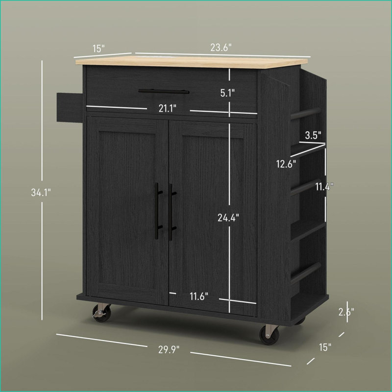 Kitchen Island with Storage, Rolling Cart with AC/USB Ports, Microwave Stand | Black | MDF, Black