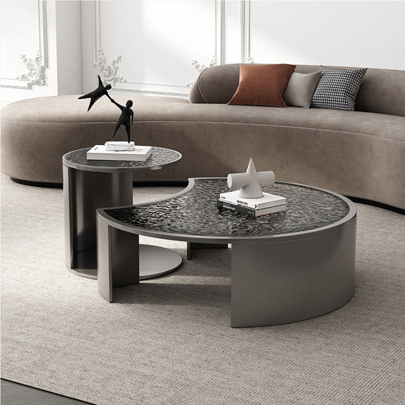 Table basse moderne en acier inoxydable et verre, Gris