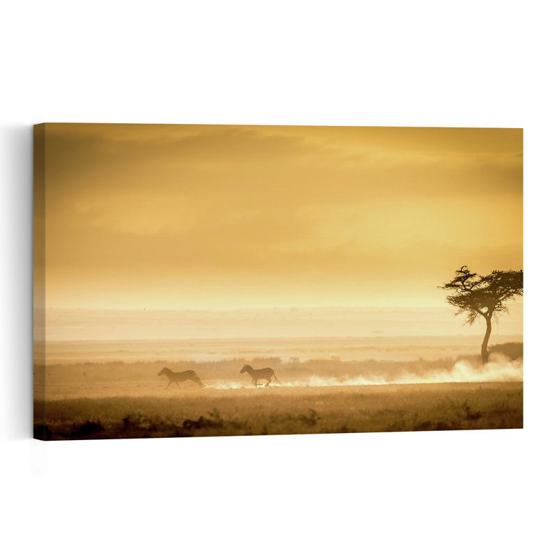 Golden Savannah Zebras Dramatic Serene Tranquil Zebra Landscape Nature Wall Art Print by Jeffrey C. Sink - 1 Piece Wrapped Canvas Wall Art