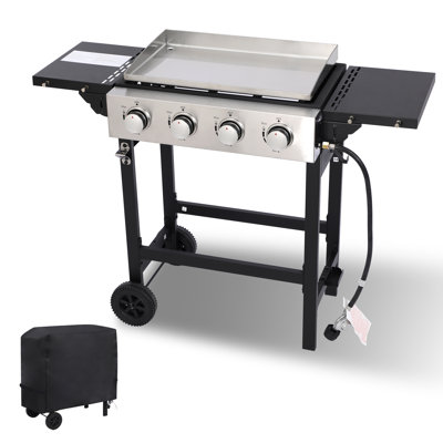 GRILL DEPOTS Barbecue à 4 brûleurs avec tables d'appoint pliantes et couvercle de rangement, plaque chauffante d'extérieur de 40 000 BTU avec surface de cuisson en acier inoxydable pour le barbecue, le camping et la saison