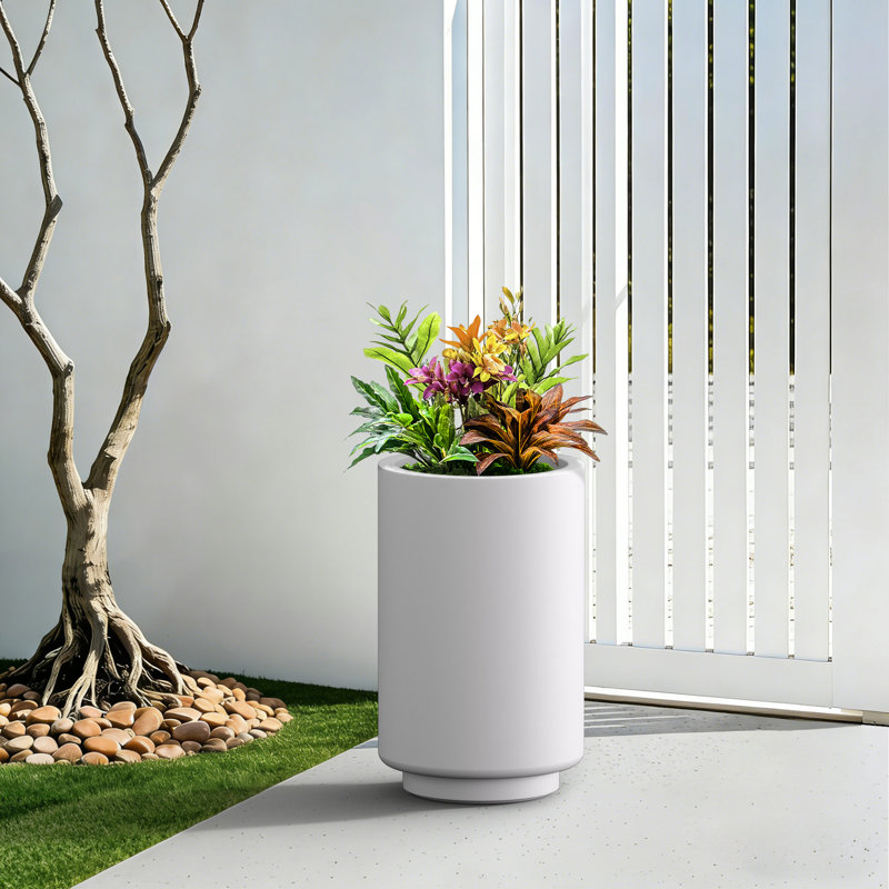 Pot à fleurs cylindrique en béton blanc moyen 15,5 "H avec trou de drainage pour l'intérieur et l'extérieur, Blanc perle