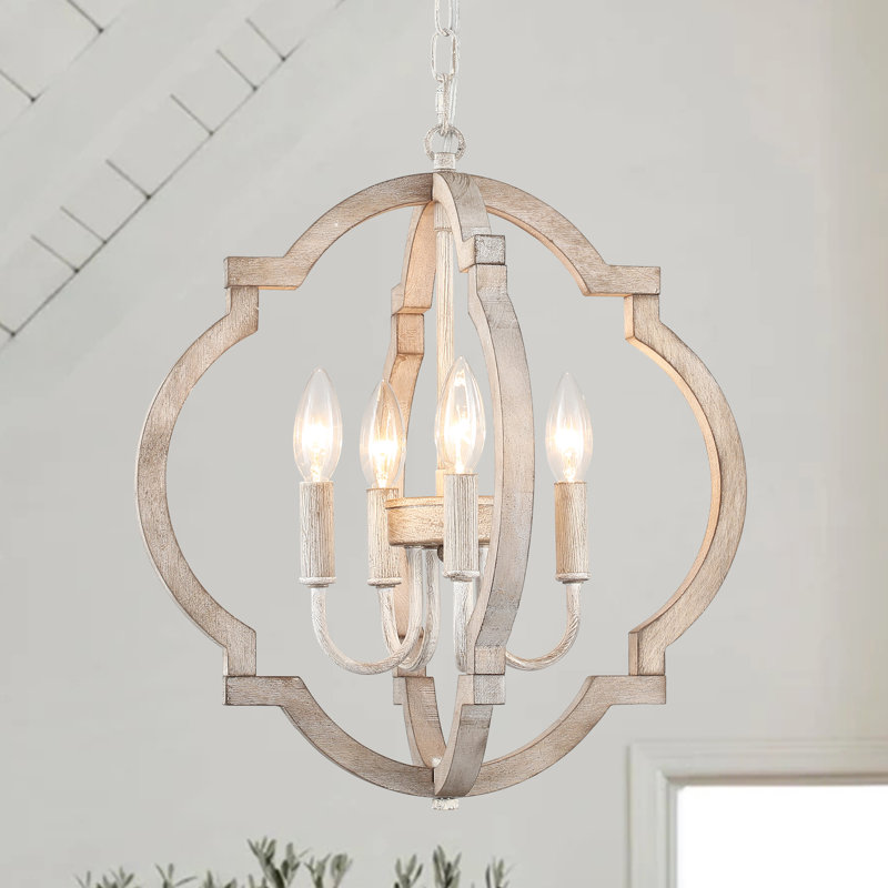 Uman 4 - Light Dimmable Farmhouse / Country Distressed Wood Candle Style Geometric Chandelier, Antique Bronze/Antique Gray