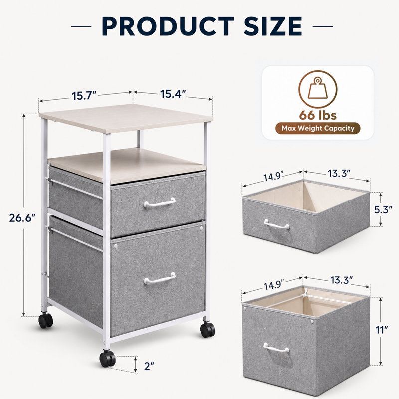 Classeur mobile à 2 tiroirs de 15,4 po de largeur, classeur vertical en tissu avec tablette de rangement ouverte, support pour imprimante à roulettes