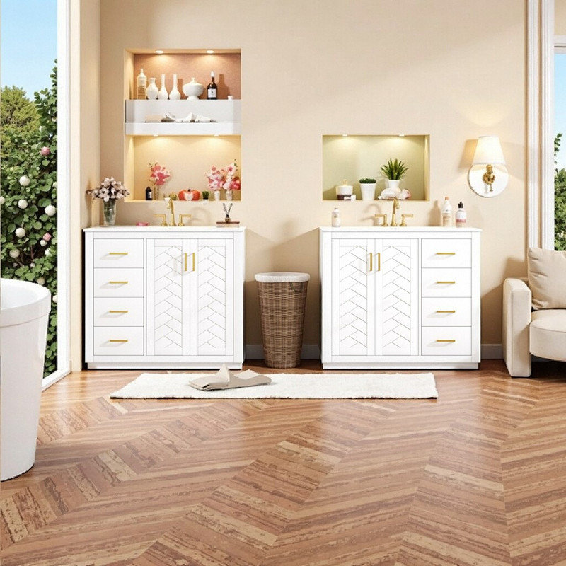 Ensemble de meuble-lavabo sur pied 72 po avec armoire de rangement en bois massif à 4 portes et 6 tiroirs, Blanc