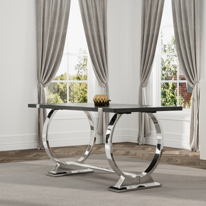 Table de salle à manger rectangulaire moderne avec base en acier inoxydable poli, H 30 po x L 60 po x l 32 po, Noir, Argent