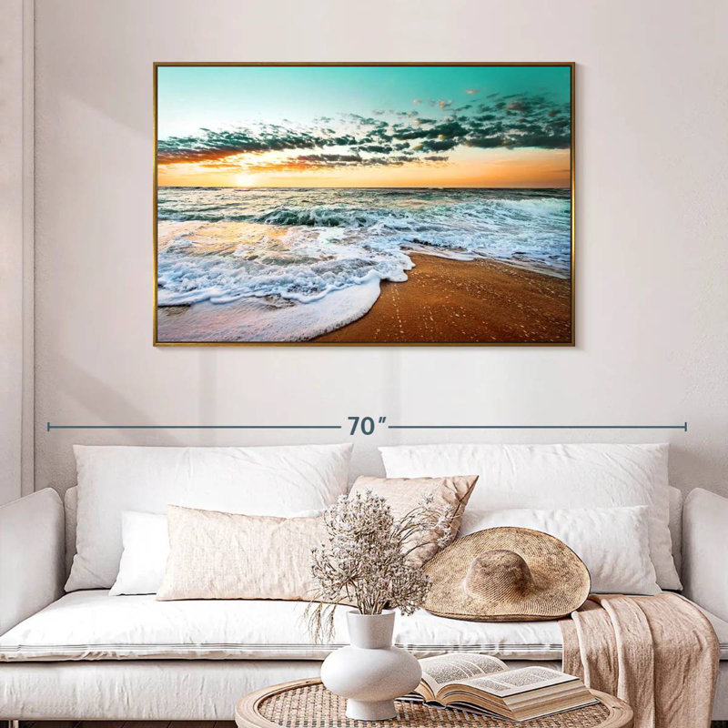 Plage rétro de Cancun, 46 po x 31 po, Cadre flottant doré