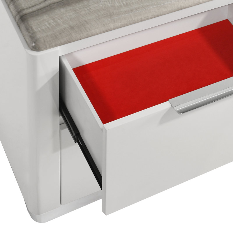 Table de chevet à deux tiroirs Monaco avec finition blanche ultrabrillante et plateau en marbre gris