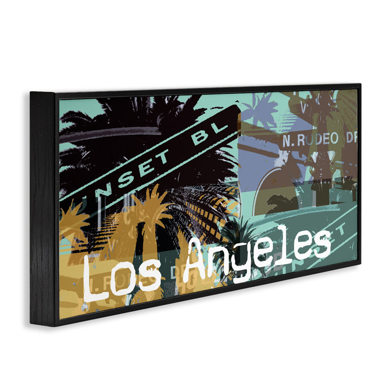 Los Angeles Travel Collage, estampe numérique de Jan Weiss, Giclée encadrée noir minuit, H 10 po x l 24 po