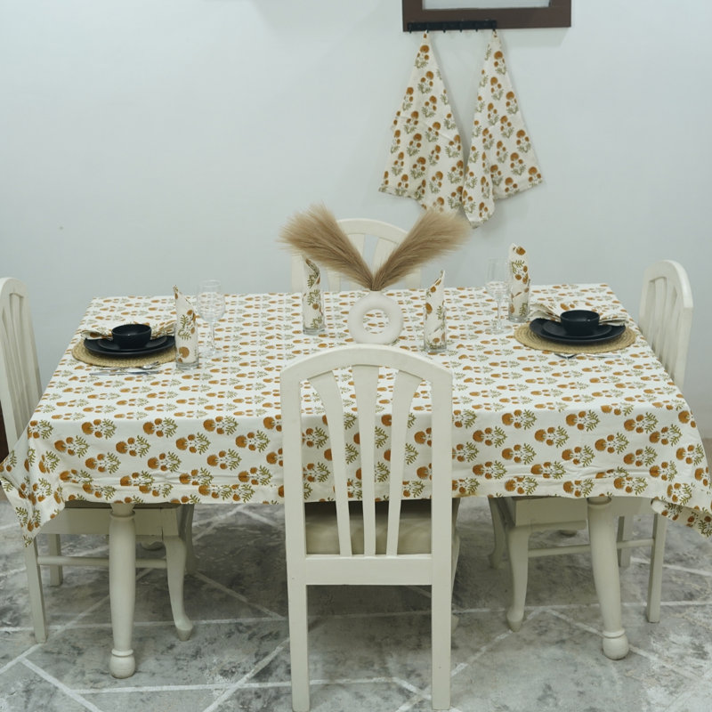 Red Barrel Studio® Bohemian Handmade Block Print Yellow Floral Dining Table Cloth- Rishi (4 Seater), 60" Square
